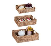 Relaxdays Plateau en Jacinthe d’Eau, Lot de 3, Tablette avec poignées, Design tressé, 3 Tailles, rectangulaire, Nature