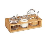 Relaxdays Lot de 3 pots à épices, salière, sucrier, avec support en bambou, cuillère et couvercle, nature/transparent