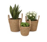 Relaxdays Lot de 3 Pots de Fleurs en Roseau, avec Doublure et poignées, 3 Tailles, Style bohème, Pots Ronds, Naturel