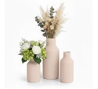 Relaxdays Lot de 3 vases, 3 tailles, pour fleurs fraîches & séchées, céramique déco table, beige