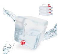 Relaxdays Lot de 4 bidons pliants, Robinet, Bouchon à vis, poignée, Eau, Camping, 20 litres, Transparent/Rouge
