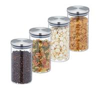 Relaxdays Lot de 4 bocaux en Verre, 1000 ML, hermétique, Couvercle Acier INOX, Bocal à épicerie, Transparent/Argent