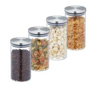 Relaxdays Lot de 4 bocaux en verre, 1000 ml, hermétique, couvercle acier inox, bocal à épicerie, transparent/argent