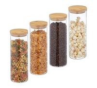 Relaxdays Lot de 4 bocaux en Verre avec Couvercle Bambou, Bocal Conservation, 1600 ML, hermétique, Transparent/Naturel