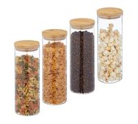 Relaxdays Lot de 4 bocaux en verre avec couvercle bambou, bocal conservation, 1600 ml, hermétique, transparent/naturel