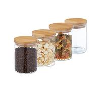 Relaxdays Lot de 4 bocaux en Verre, Petits, avec Couvercle Bambou, 750 ML, hermétique, Transparent/Naturel