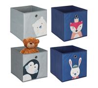 Relaxdays Lot de 4 boîtes de rangement enfants motifs animaux pliables pour cubes 30x30x30 cm tissu colorées