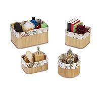 Relaxdays Lot de 4 corbeilles, quatre tailles différentes, nature et crème | bambou, MDF, polyester, salle bain