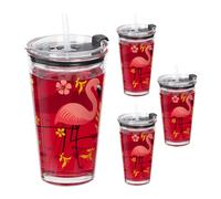 Relaxdays Gobelet en Lot de 4, Motif Flamant Rose, Graduation 450 ML, Couvercle, Paille, Verre, Enfants, Transparent