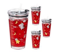 Relaxdays Gobelet en Lot de 4, Motif Licorne, Graduation 450 ML, Couvercle et Paille, Verre, pour Enfants, Transparent