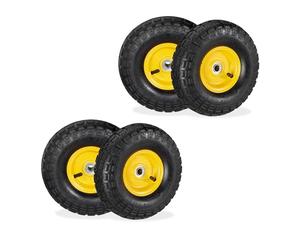 Relaxdays Lot de 4 Roues de Diable 4.10/3.50-4, pneus de Rechange, axe de 16 mm, 136 kg Max., 260x85 mm, Noir - Jaune