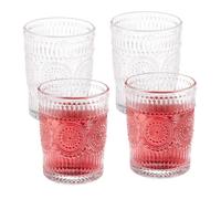 Relaxdays Lot de 4 verres avec motifs, 300 ml, vintage, eau, jus fruits, lavables au lave-vaisselle, transparents