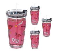 Relaxdays Verres pour enfants Motifs espace – Lot de 4, 450 ml, couvercle et paille, transparent