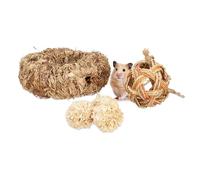 Relaxdays lot d’Accessoires pour Hamster, 5 pièces, Tube Herbe&4 balles, Objet de Cage, Rongeur, Souris, Paille, Nature