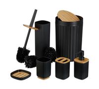 Relaxdays Lot de 6 Accessoires pour la Salle de Bain, Plastique et Bambou, Set Pratique, Noir et Nature