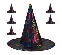 Relaxdays Chapeau de sorcière, Lot de 6, Couvert de Toiles d'araignée, pour Halloween ou Carnaval, Noir et Multicolore