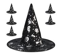 Relaxdays Chapeau de sorcière, Lot de 6, Couvert de Motifs effrayants, pour Halloween et Carnaval, Noir et argenté