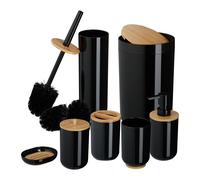 Relaxdays Lot de 7 Accessoires pour la Salle de Bain, Plastique et Bambou, Set Pratique, Noir et Nature