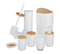Relaxdays Lot de 7 Accessoires pour la Salle de Bain, Plastique et Bambou, Set Pratique, Blanc et Nature
