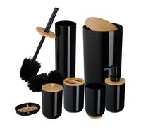 Relaxdays Lot de 7 accessoires pour la salle de bain, plastique et bambou, set pratique, noir et nature
