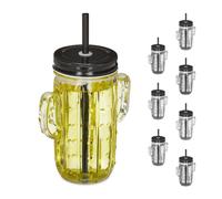 Relaxdays Verres avec Paille et Couvercle, Lot de 8 Pots à Limonade, Bocal Cactus, 500 ML, Restaurant, Transparent