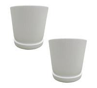 Relaxdays Pot de Fleurs, Set de 2, Pot avec Soucoupe, Motif rayé, H x P : 20 x 20 cm, Pot à Herbes, Plastique, Blanc