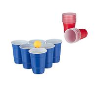 Relaxdays Lot de gobelets de bière-Pong, Set de Beer Pong avec 6 balles, 50 Verres, Jeu à Boire, 16 oz, Rouge/Bleu