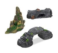Relaxdays Lot déco d’Aquarium, 3 pièces, Rocher, Grotte en Tronc d’Arbre, Pont, Accessoire Terrarium, polyrésine, Gris
