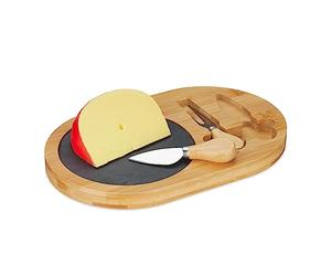 Relaxdays Lot Plateau à fromages & Couteau, Surface Ardoise & Couverts, H x L x P : 2 x 28 x 18 cm, Nature - Noir