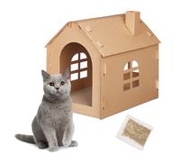 Relaxdays Maison Carton Chat, Niche avec griffoir, à Construire, Herbe-aux-Chats Incluse, 46 x 36,5 x 42,5 cm, Marron