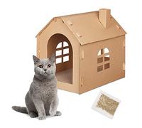 relaxdays Maison Carton Chat, Niche avec griffoir, à Construire, Herbe-aux-Chats Incluse, 46 x 36,5 x 42,5 cm, Marron