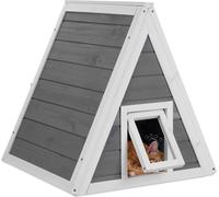 Relaxdays Niche pour Chats, résistante aux intempéries, Bois, HxLxP: 54 x 52 x 64 cm, 2 entrées, Toit Pointu, Gris/Blanc