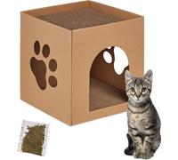 Relaxdays Niche en Carton pour Votre Chat, avec griffoirs, à Construire, Herbe aux Chats Incluse, 30x30x30,5 cm, Marron