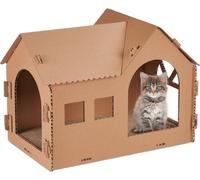 Relaxdays Niche en Carton pour Votre Chat, avec griffoir, à Construire, Herbe aux Chats Incluse, 36x49x29 cm, Marron