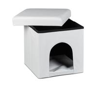 Relaxdays 10019046 Maison pour petits chiens et chats pliable pliante banc en similicuir confortable Tabouret abri panier malle cube niche HxlxP : 38 x 38 x 38 cm repose-pieds couvercle amovible, blanc