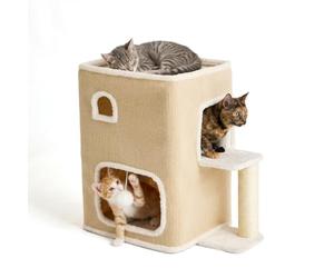 Relaxdays Maison pour Chat 2 étages, Balle et griffoir, Beige | H x L x P : 58 x 57,5 x 35 cm, intérieur, tissu