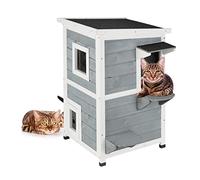 Relaxdays Maison pour Chats, 2 étages, Meuble Jardin, Animal, 3 entrées, HLP 81,5x63x45,5 cm, Toit ouvrable, Gris-Blanc