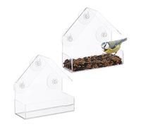 Relaxdays Mangeoire à Oiseaux, Lot de 2, 3 ventouses, avec Toit, H x L x P : 15 x 15 x 7 cm, Transparente