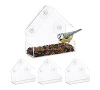 Relaxdays Mangeoire à Oiseaux, Lot de 4, 3 ventouses, avec Toit, H x L x P : 15 x 15 x 7 cm, Transparente