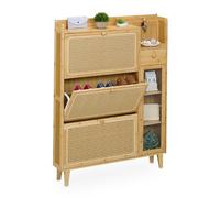 Relaxdays Armoire à Chaussures, 5 Compartiments, étagère à Chaussures en Bambou, 127 x 95 x 19 cm, pour 9 Paires, 3 Rabats, Meuble à Chaussures étroit, Naturel