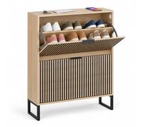 Relaxdays Meuble à Chaussures 2 Compartiments 78x102x24 cm Nature/Noir | MDF de 1,5 cm, armoire à chaussures, dispositif anti-basculement