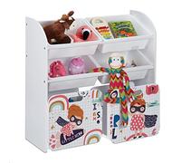 Relaxdays Meuble à Jouets avec 6 boîtes, 80,5 x 82,5 x 30 cm, thème de Petite héroïne, 2 caisses sur roulettes, Blanc