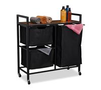 Relaxdays Meuble à Linge, 3 Compartiments coulissants, 4 roulettes, Design Industriel, Salle de Bain, Chambre, Noir/Brun