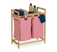 Relaxdays Meuble à Linge, Structure en Bambou, 2 Sacs Amovibles, H x L x P : 73 x 64 x 33 cm, Nature et Rose