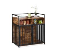 Relaxdays Meuble de cage pour chien, 2 portes verrouillables, surface de rangement, aspect bois, marron-noir