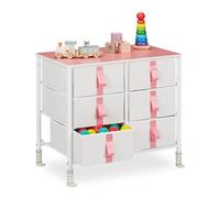 Relaxdays Meuble de Rangement pour Enfants, 6 tiroirs, Commode, env. 61,5 x 68 x 40,5 cm, Tissu et métal, Blanc/Rose
