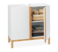 Relaxdays Meuble Dessous de Lavabo, Bambou, Meuble Sous Vasque, Evier salle de bains, HxLxP 61 x 60 x 30cm, blanc/nature