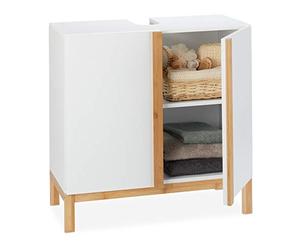 Relaxdays Meuble Dessous de Lavabo, Bambou, Meuble sous Vasque, Evier Salle de Bains, HxLxP 61 x 60 x 30cm, Blanc/Nature