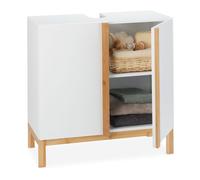 Relaxdays Meuble Dessous de Lavabo, Bambou, Meuble Sous Vasque, Evier salle de bains, HxLxP 61 x 60 x 30cm, blanc/nature