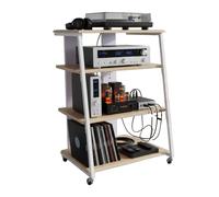 Relaxdays Rangement Hi-FI 4 Niveaux pour Platine Vinyle et Chaîne, Métal/MDF, 78×61×52 cm, Naturel/Blanc